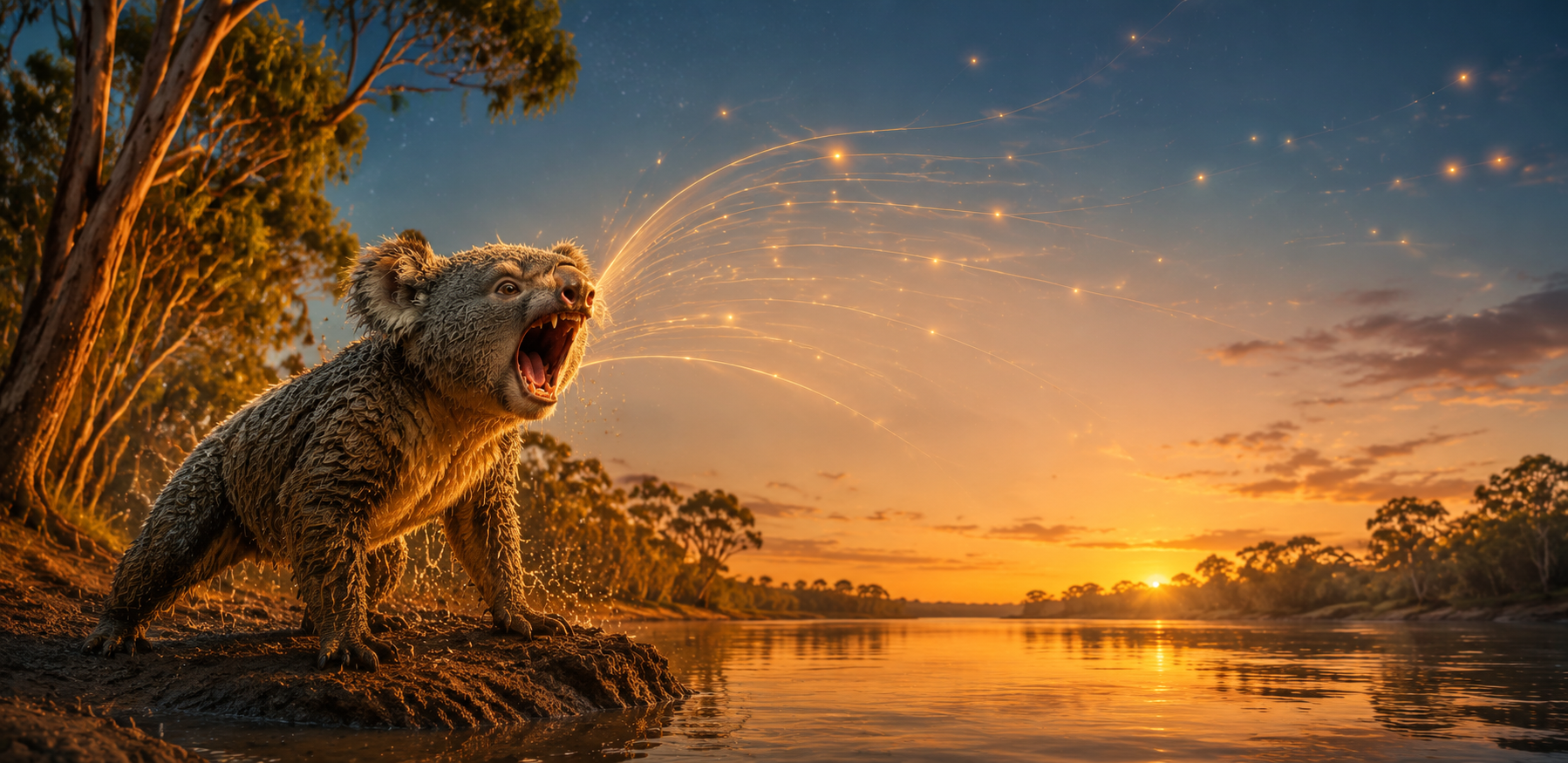 A drop bear roaring at dusk on the Murrumbidgee as light trails stream out across the sky