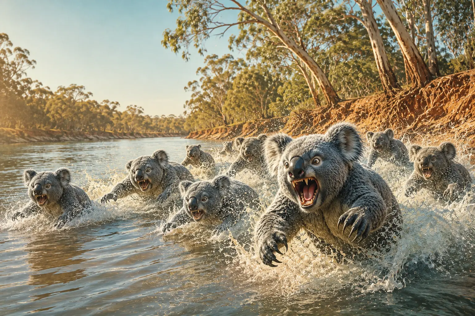 Twenty drop bears charging down the Murrumbidgee River side by side