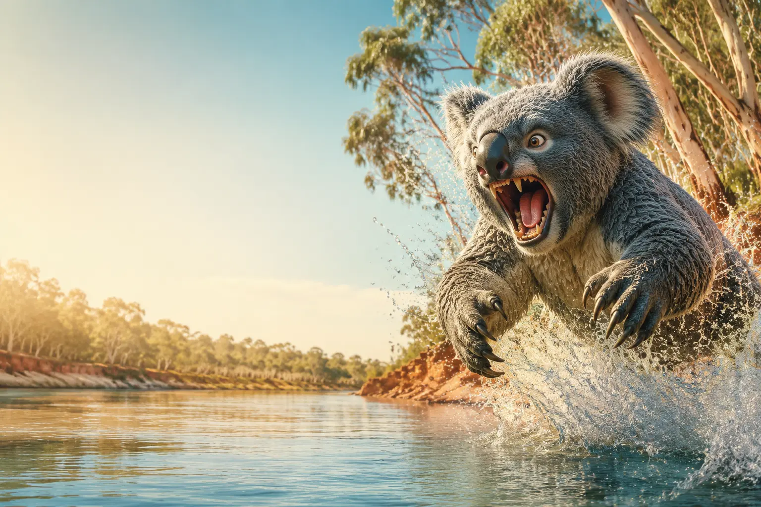 A snarling drop bear bursting out of the Murrumbidgee River at Narrandera