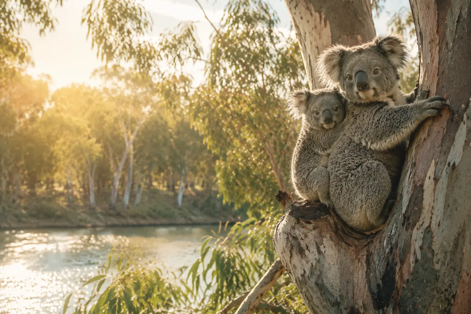 A mother koala and her joey in a river red gum above the Murrumbidgee at Narrandera